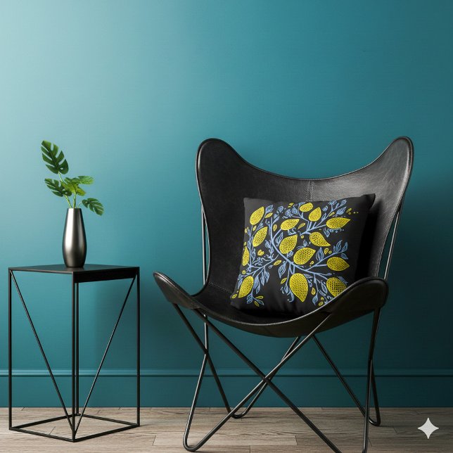 Pretty and delicate blue and yellow lemon vines cushion (Black, yellow and blue lemon vines pillow.)