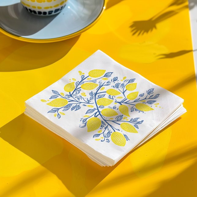 Pretty and delicate blue and yellow lemon vines napkin (Pretty and Delicate Woodcut Effect Blue and Yellow Mediterranean-Inspired Lemon Vines Napkins.)