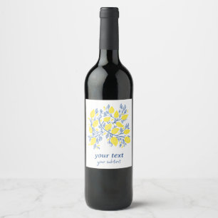 Pretty and delicate blue and yellow lemon vines wine label