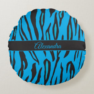 Pretty and Girly Blue and Black Tiger Stripes Round Cushion