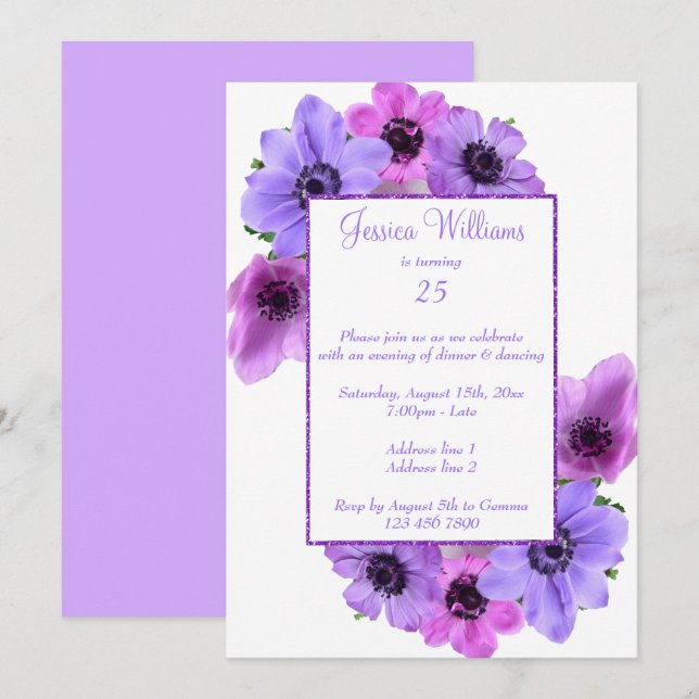 Pretty Anemones Floral 25th Birthday Invitation (Front/Back)