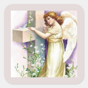 Pretty Angel And Cross Square Sticker