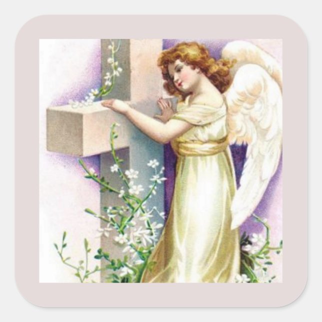 Pretty Angel And Cross Square Sticker (Front)