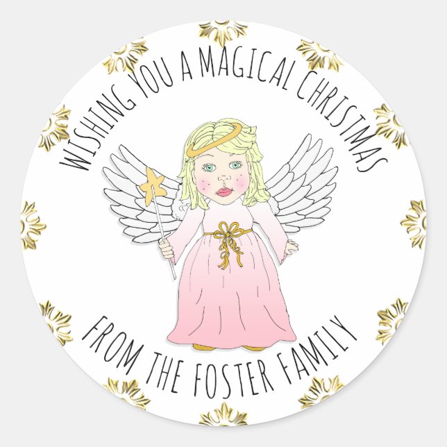 Pretty Angel Wishing you a Merry Christmas Classic Round Sticker (Front)
