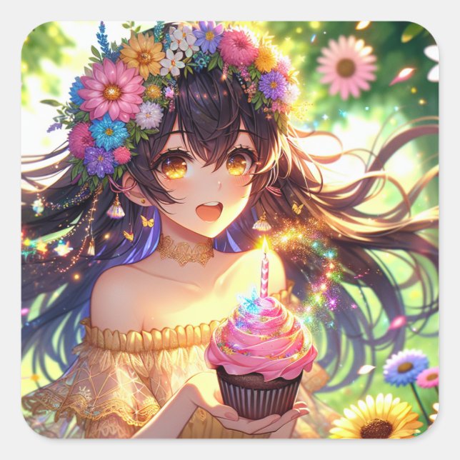 Pretty Anime Birthday Girl Square Sticker (Front)