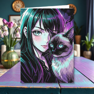 Pretty Anime Girl and Siamese Cat Card