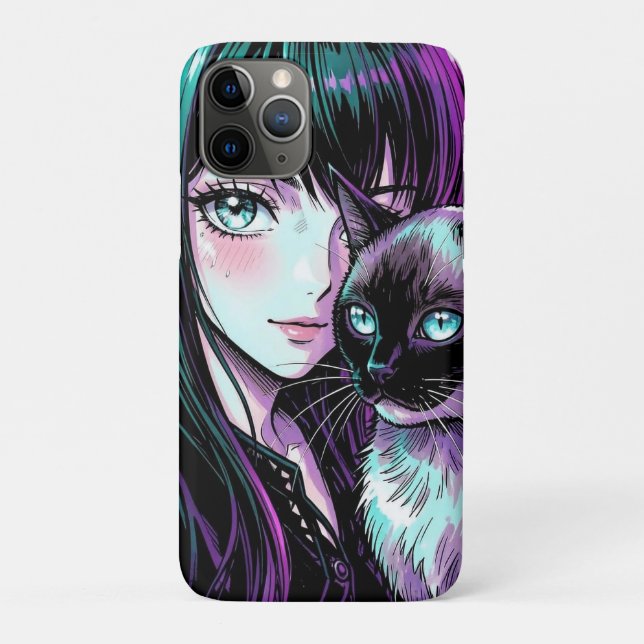 Pretty Anime Girl and Siamese Cat Case-Mate iPhone Case (Back)