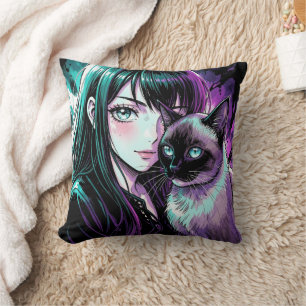 Pretty Anime Girl and Siamese Cat Cushion