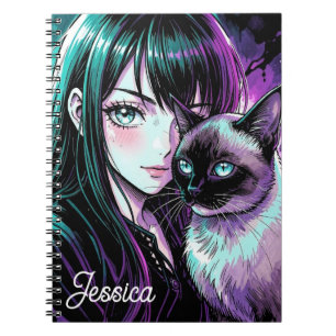 Pretty Anime Girl and Siamese Cat Notebook