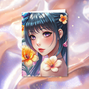 Pretty Anime Girl Colouring Page Girl's Birthday Card