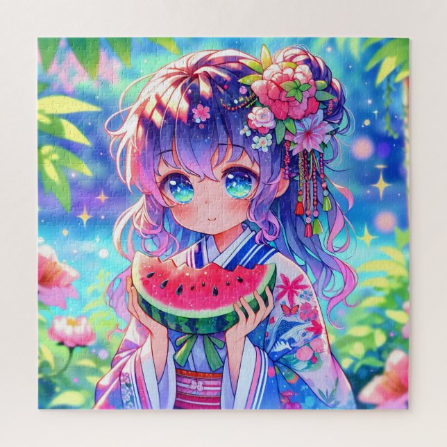 Pretty Anime Girl Eating Watermelon Jigsaw Puzzle (Vertical)