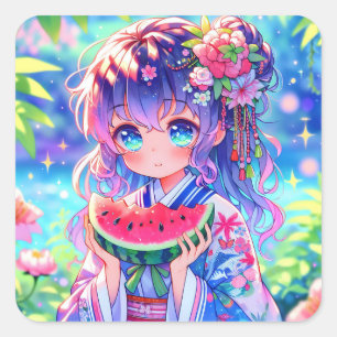 Pretty Anime Girl Eating Watermelon Square Sticker