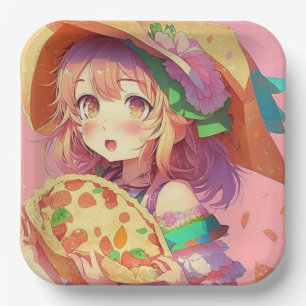 Pretty Anime Girl Holding a Pizza Paper Plate