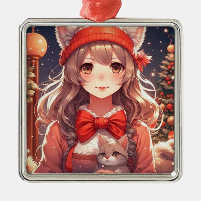 Pretty Anime Girl Holding Kitten Christmas Metal Ornament (Front)