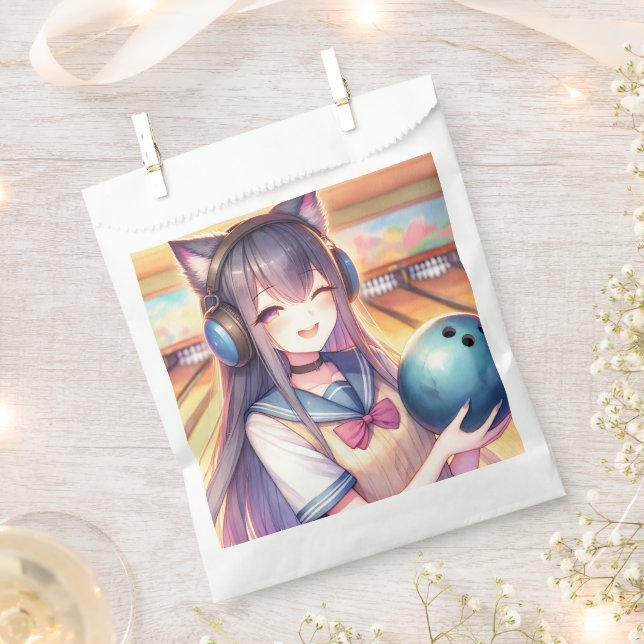 Pretty Anime Girl in Bowling Birthday Party Favour Bag (Clipped)