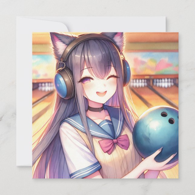 Pretty Anime Girl in Bowling Birthday Party Invitation (Front)