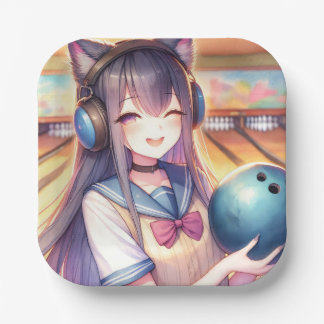 Pretty Anime Girl in Bowling Birthday Party Paper Plate