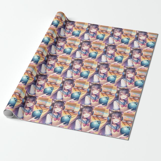 Pretty Anime Girl in Bowling Birthday Party Wrapping Paper (Unrolled)