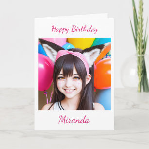 Pretty Anime Girl in fox ears Balloons Birthday Card
