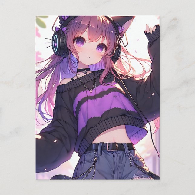 Pretty Anime Girl in Headphones Birthday Party Postcard (Front)