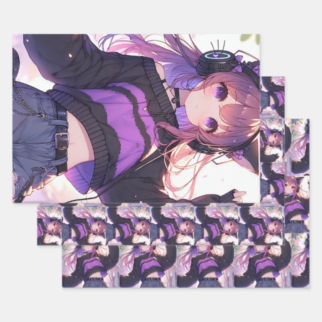 Pretty Anime Girl in Headphones Birthday Wrapping Paper Sheet (Set)
