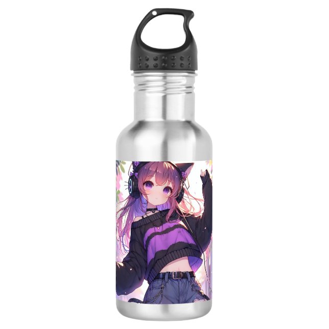 Pretty Anime Girl in Headphones with Cat Ears 532 Ml Water Bottle (Front)