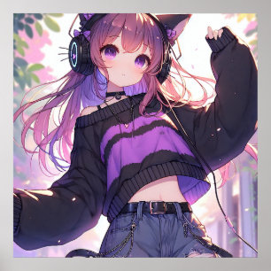 Pretty Anime Girl in Headphones with Cat Ears Poster