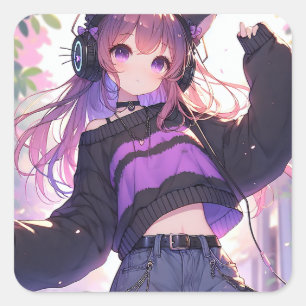 Pretty Anime Girl in Headphones with Cat Ears Square Sticker