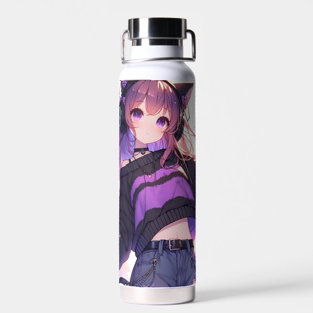 Pretty Anime Girl in Headphones with Cat Ears Water Bottle (Back)