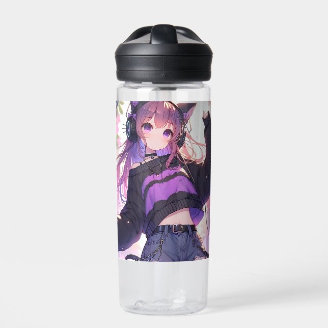 Pretty Anime Girl in Headphones with Cat Ears Water Bottle (Front)