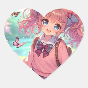 Pretty Anime Girl in Pink Pigtails Heart Sticker