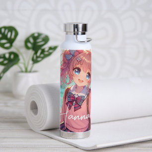 Pretty Anime Girl in Pink Pigtails Water Bottle