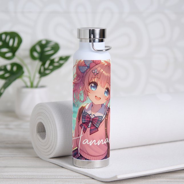 Pretty Anime Girl in Pink Pigtails Water Bottle (Yoga)