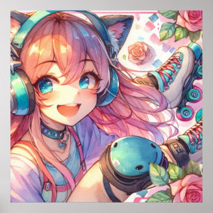 Pretty Anime Girl in Roller skates Poster