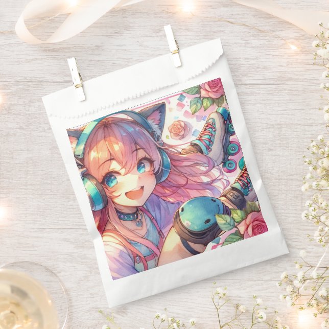Pretty Anime Girl in Roller skating Birthday Party Favour Bag (Clipped)
