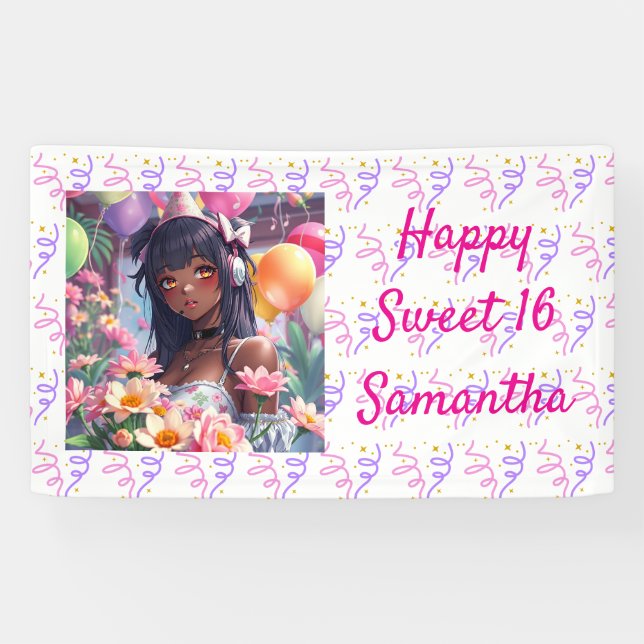 Pretty Anime Girl of Colour Personalised Birthday Banner (Horizontal)