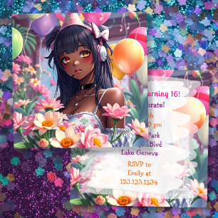 Pretty Anime Girl of Colour Personalised Birthday Invitation