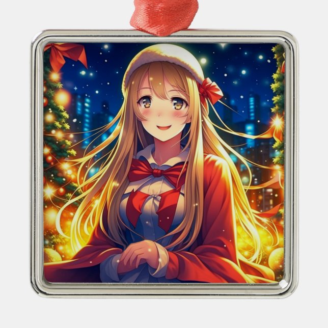 Pretty Anime Girl on Winter Day Christmas Metal Ornament (Front)