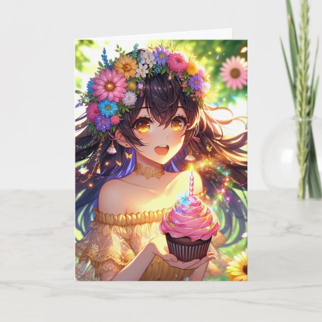 Pretty Anime Girl Personalised Birthday  Card (Front)