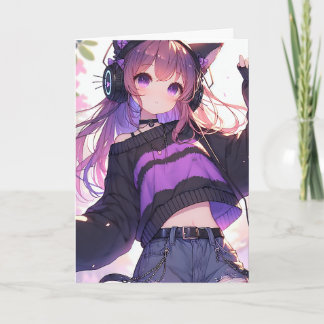 Pretty Anime Girl Personalised Birthday Card