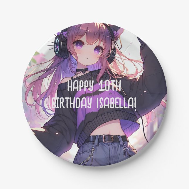 Pretty Anime Girl Personalised Birthday Paper Plate (Front)