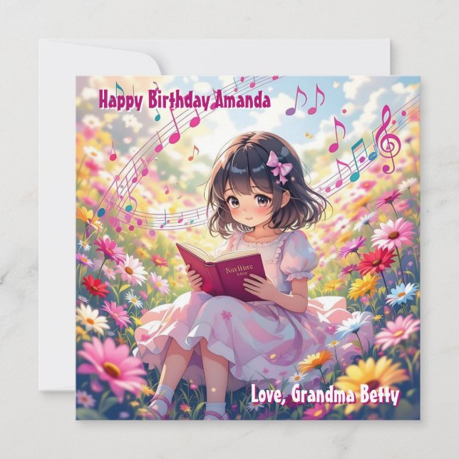 Pretty Anime Girl Reading | Colouring Page Birthda Card (Front)