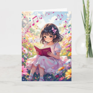 Pretty Anime Girl Reading | Colouring Page Birthda Card