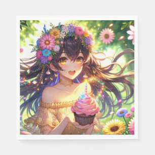 Pretty Anime Girl with Cupcake Birthday Napkin