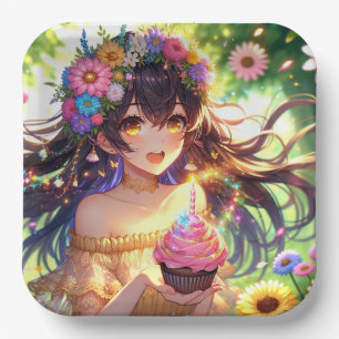 Pretty Anime Girl with Cupcake Birthday Paper Plate