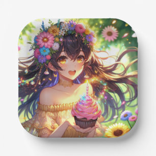 Pretty Anime Girl with Cupcake Birthday Paper Plate