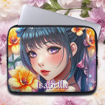 Pretty Anime Girl with Daffodils Personalised Laptop Sleeve<br><div class="desc">Personalised tablet cover. Beautiful girl with purple eyes and dark hair surrounded by yellow daffodils. Pretty floral and anime themed digital ai art.</div>