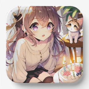Pretty Anime Girl with Kitten and Birthday Cake Paper Plate