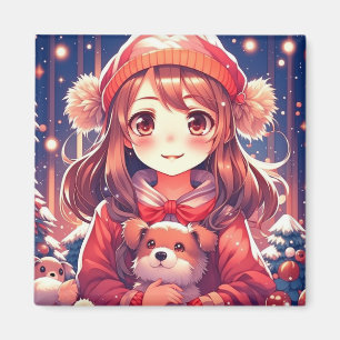 Pretty Anime Girl with Puppy and Ear Muffs Magnet