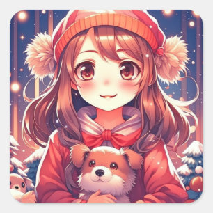 Pretty Anime Girl with Puppy and Ear Muffs Square Sticker